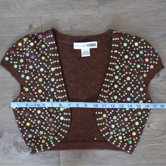 Vintage Y2K Necessary Objects Brown Sequin Knit Cropped Bolero Sweater - Picture 4 of 5